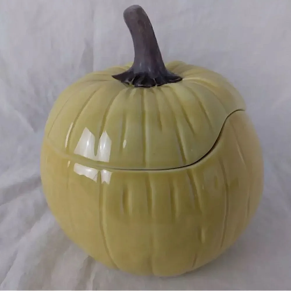 Crate And Barrel B Eigen Harvest Yellow Pumpkin 3 Cup Ceramic Soup Bowl & Lid!